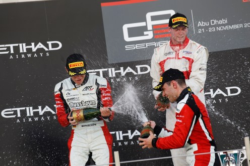 The podium trio celebrate. © Sam Bloxham/GP3 Series Media Service.