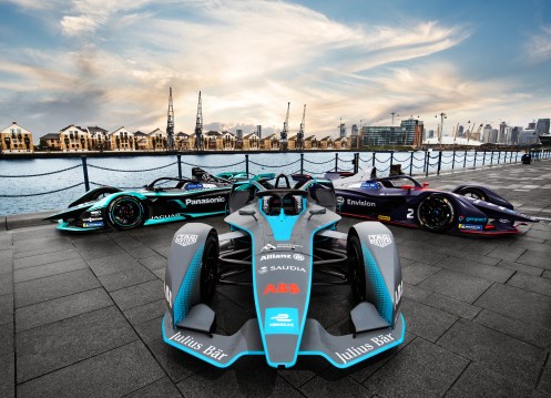 A_trio_of_fully-electric_cars_lined-up_in_formation_outside_ExCeL_London_-_the_scene_of_Formula_E_s_racing_return_to_the_UK_capital_in_season_six